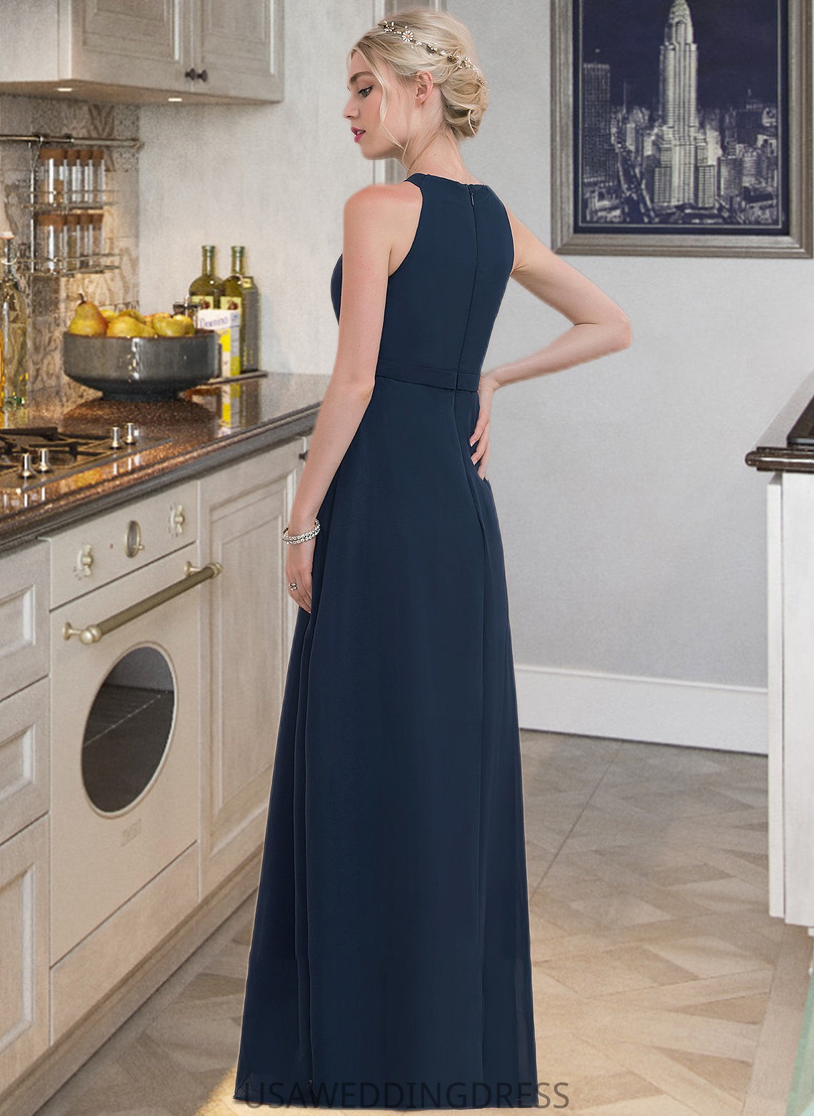 Melanie A-Line Scoop Neck Floor-Length Chiffon Bridesmaid Dress With Ruffle DSP0012861