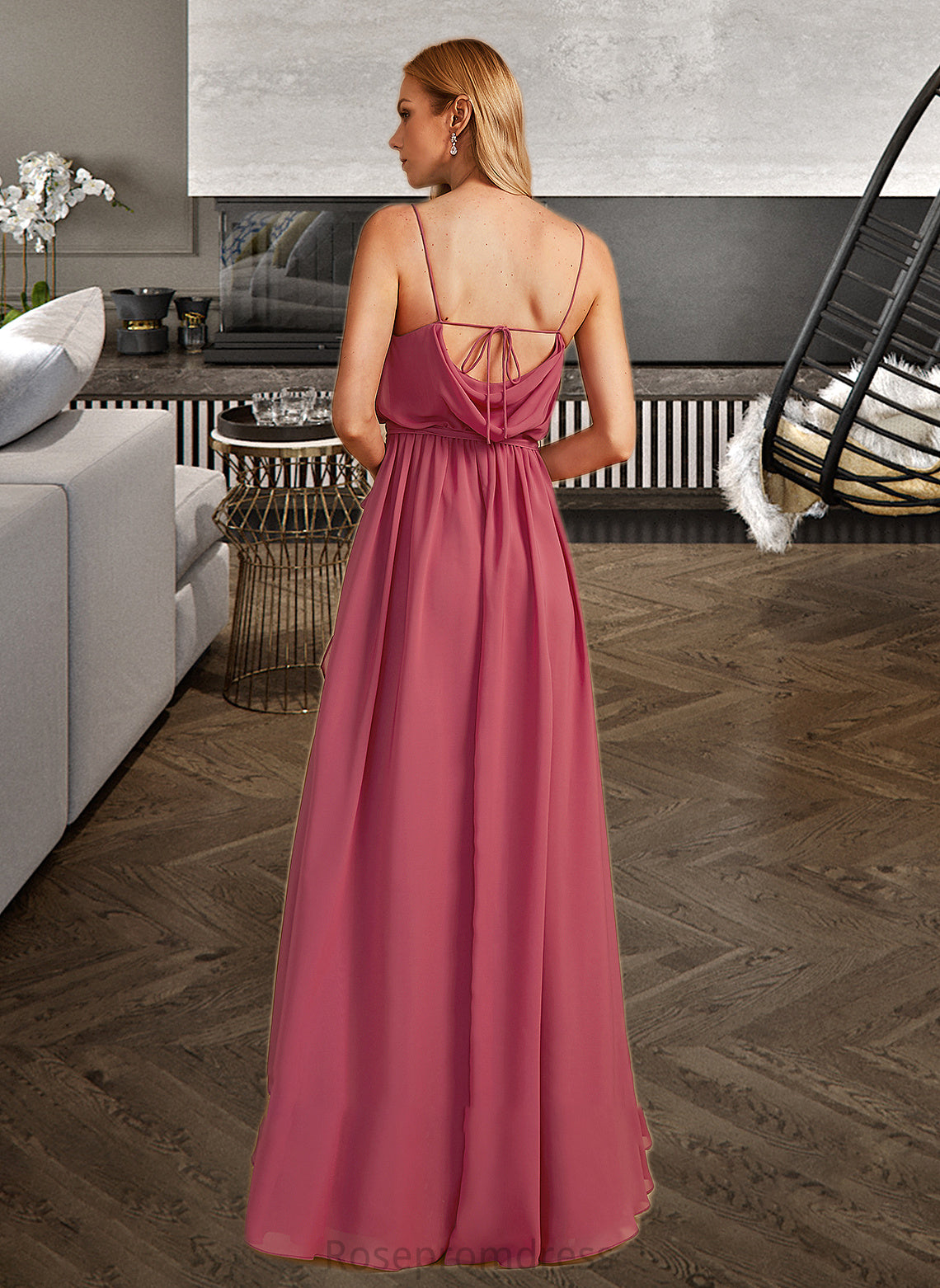 Josie A-Line Cowl Neck Floor-Length Bridesmaid Dress With Ruffle Split Front SRSP0012862