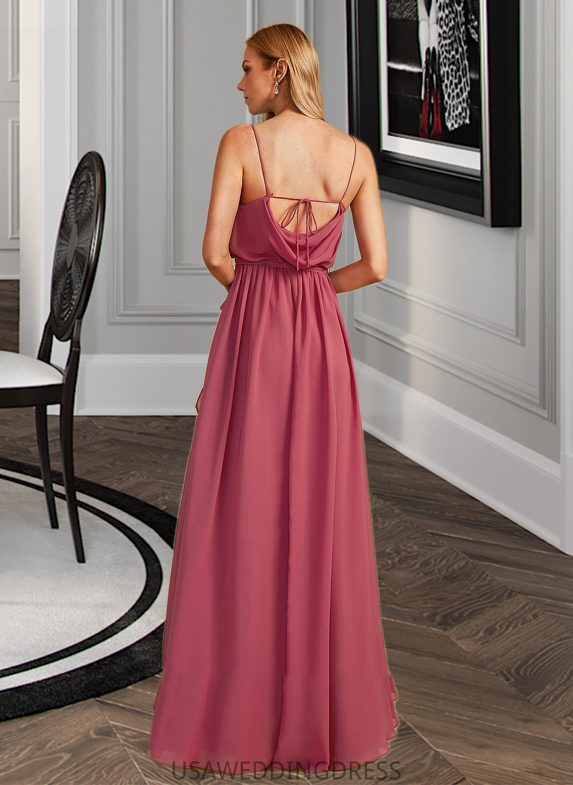 Guadalupe A-Line Cowl Neck Floor-Length Bridesmaid Dress With Ruffle Split Front DSP0012862