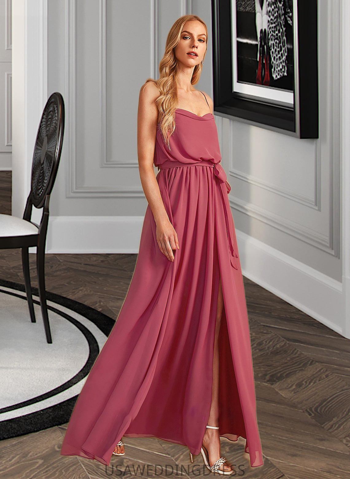 Guadalupe A-Line Cowl Neck Floor-Length Bridesmaid Dress With Ruffle Split Front DSP0012862