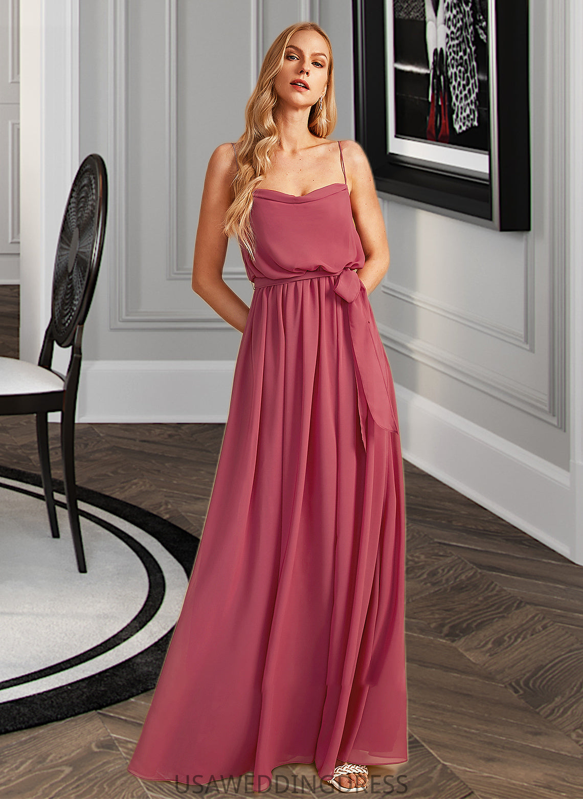 Guadalupe A-Line Cowl Neck Floor-Length Bridesmaid Dress With Ruffle Split Front DSP0012862
