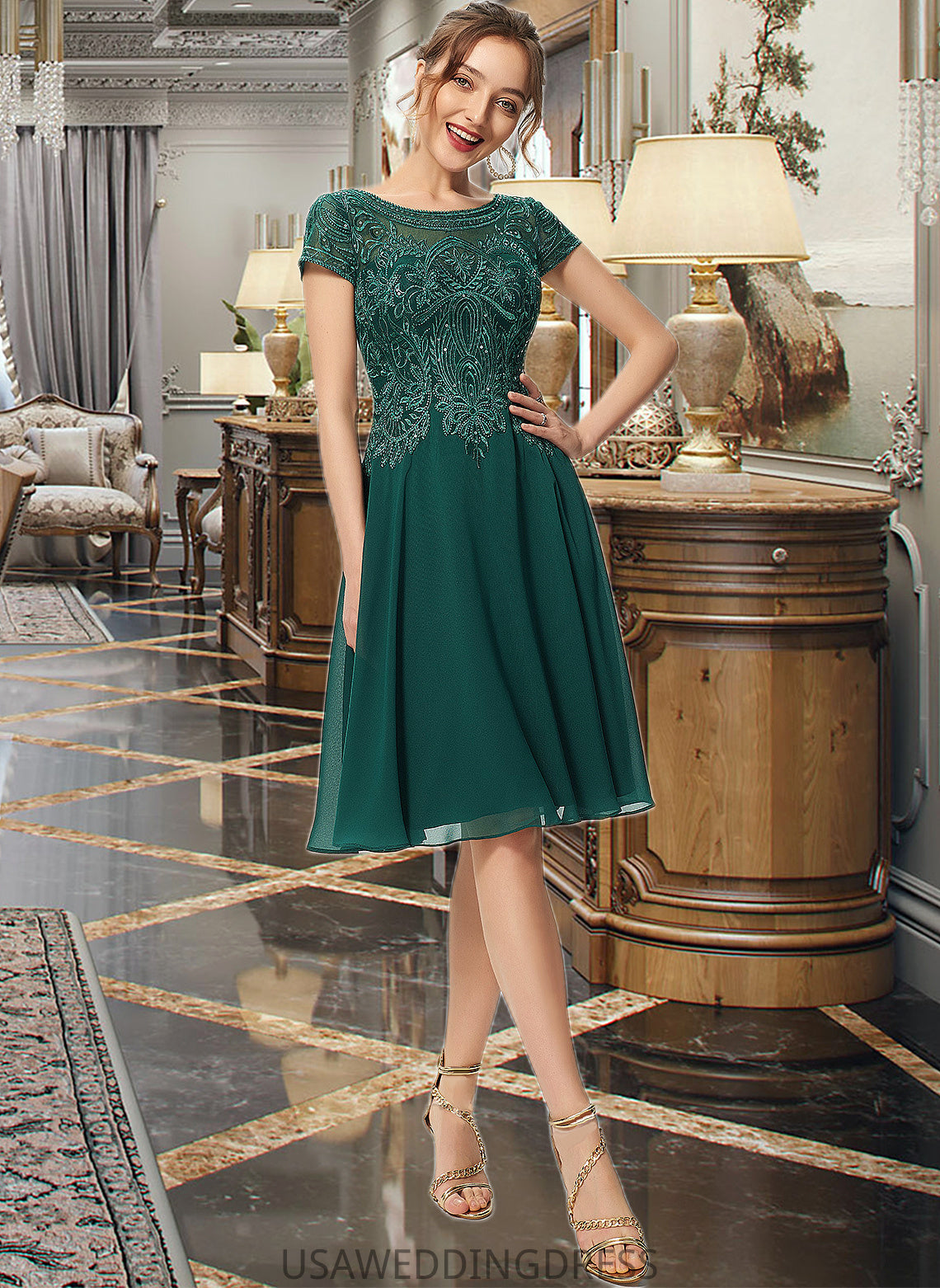 Amaris A-Line Scoop Neck Knee-Length Chiffon Lace Bridesmaid Dress With Sequins DSP0012863