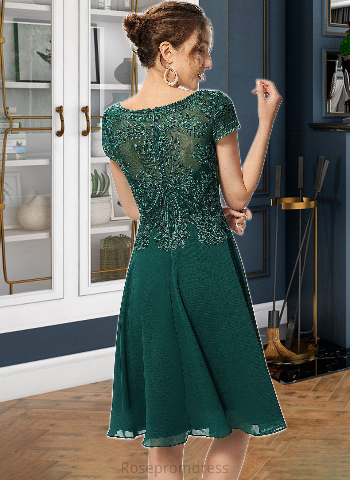 Kamryn A-Line Scoop Neck Knee-Length Chiffon Lace Bridesmaid Dress With Sequins SRSP0012863