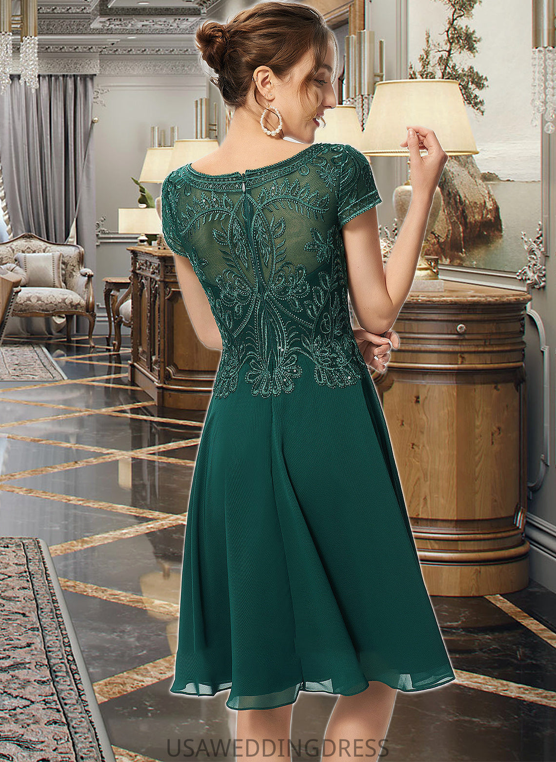 Amaris A-Line Scoop Neck Knee-Length Chiffon Lace Bridesmaid Dress With Sequins DSP0012863