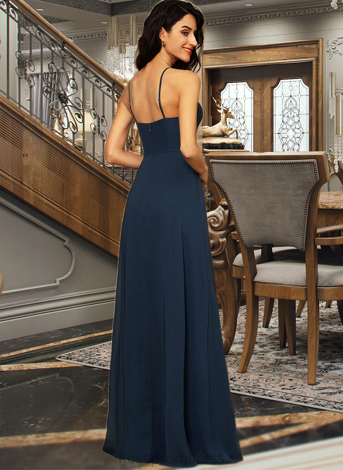 Clare A-Line Square Neckline Floor-Length Chiffon Bridesmaid Dress With Split Front SRSP0012864