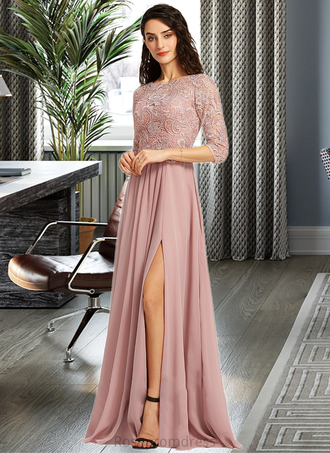 Campbell A-Line Scoop Neck Floor-Length Bridesmaid Dress With Split Front SRSP0012865