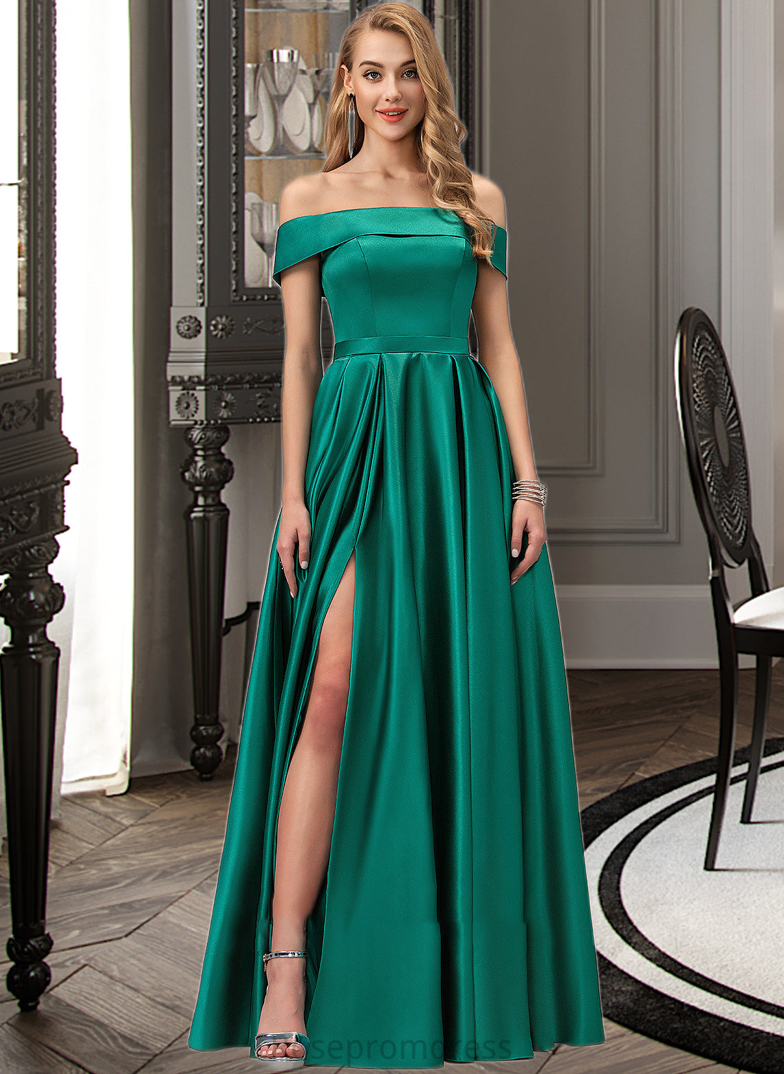 Xiomara Ball-Gown/Princess Off-the-Shoulder Floor-Length Satin Bridesmaid Dress With Split Front Pockets SRSP0012866