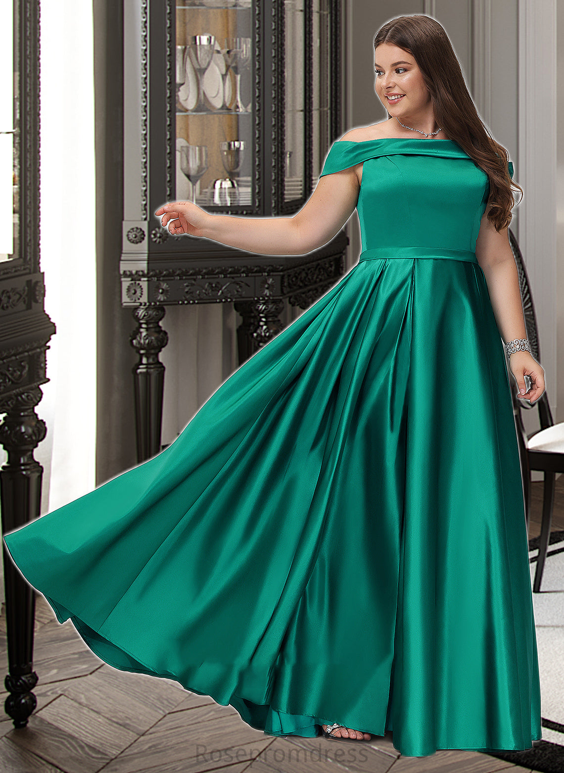 Xiomara Ball-Gown/Princess Off-the-Shoulder Floor-Length Satin Bridesmaid Dress With Split Front Pockets SRSP0012866