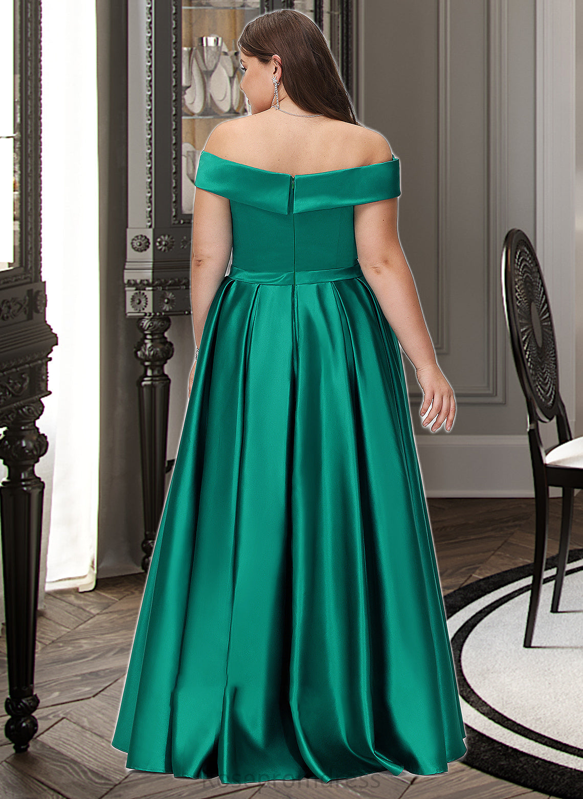 Xiomara Ball-Gown/Princess Off-the-Shoulder Floor-Length Satin Bridesmaid Dress With Split Front Pockets SRSP0012866