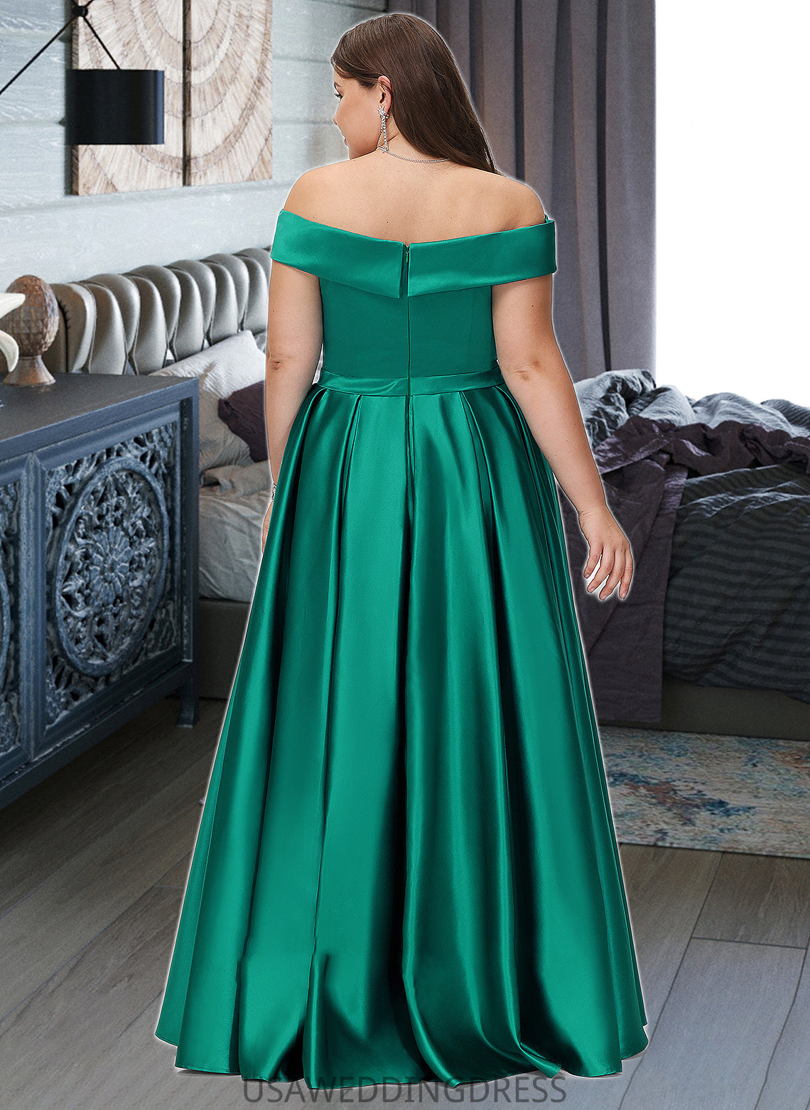 Emmalee Ball-Gown/Princess Off-the-Shoulder Floor-Length Satin Bridesmaid Dress With Split Front Pockets DSP0012866