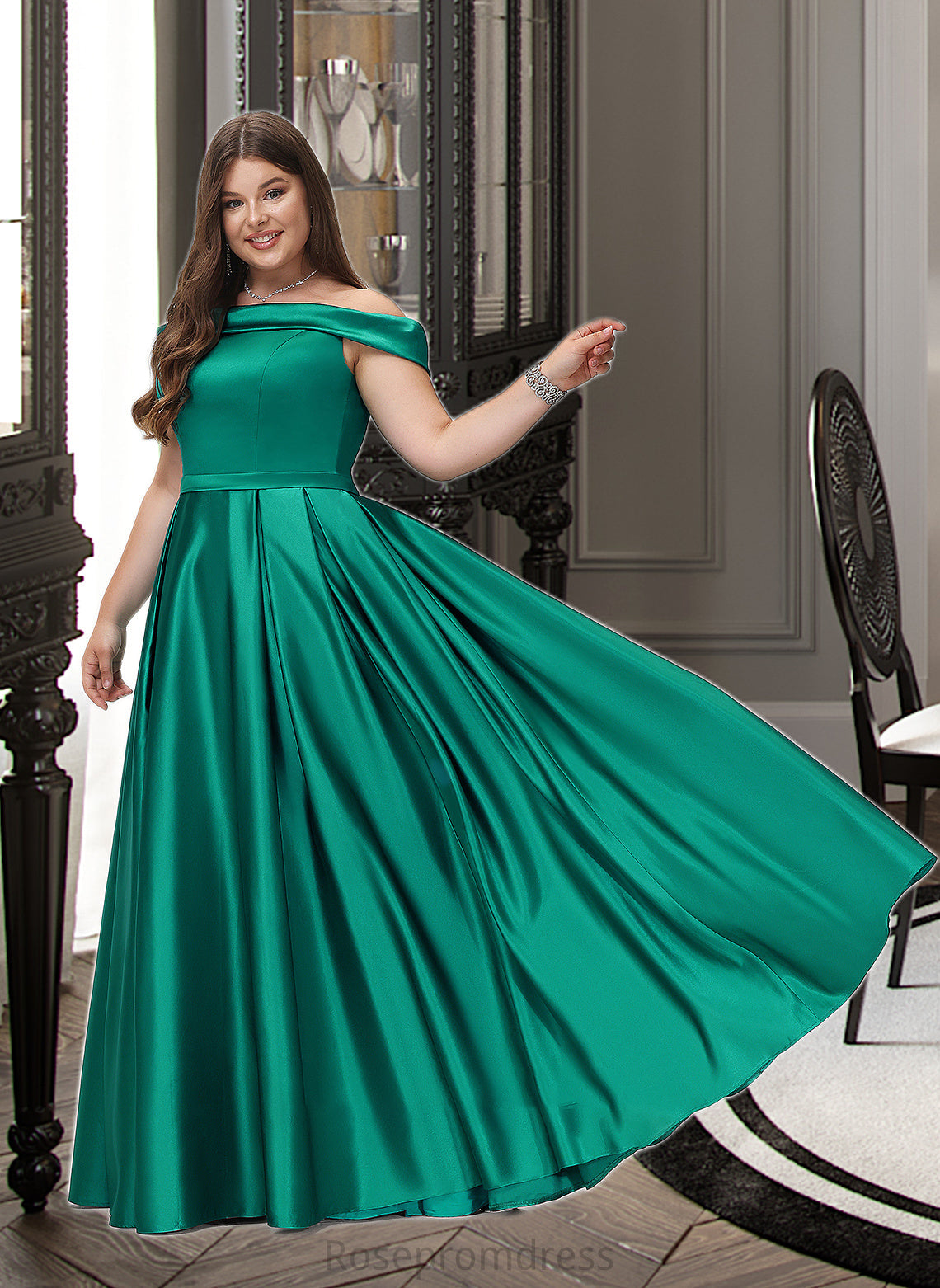 Xiomara Ball-Gown/Princess Off-the-Shoulder Floor-Length Satin Bridesmaid Dress With Split Front Pockets SRSP0012866