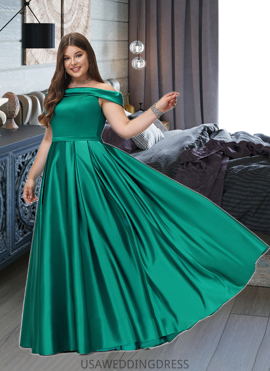 Emmalee Ball-Gown/Princess Off-the-Shoulder Floor-Length Satin Bridesmaid Dress With Split Front Pockets DSP0012866