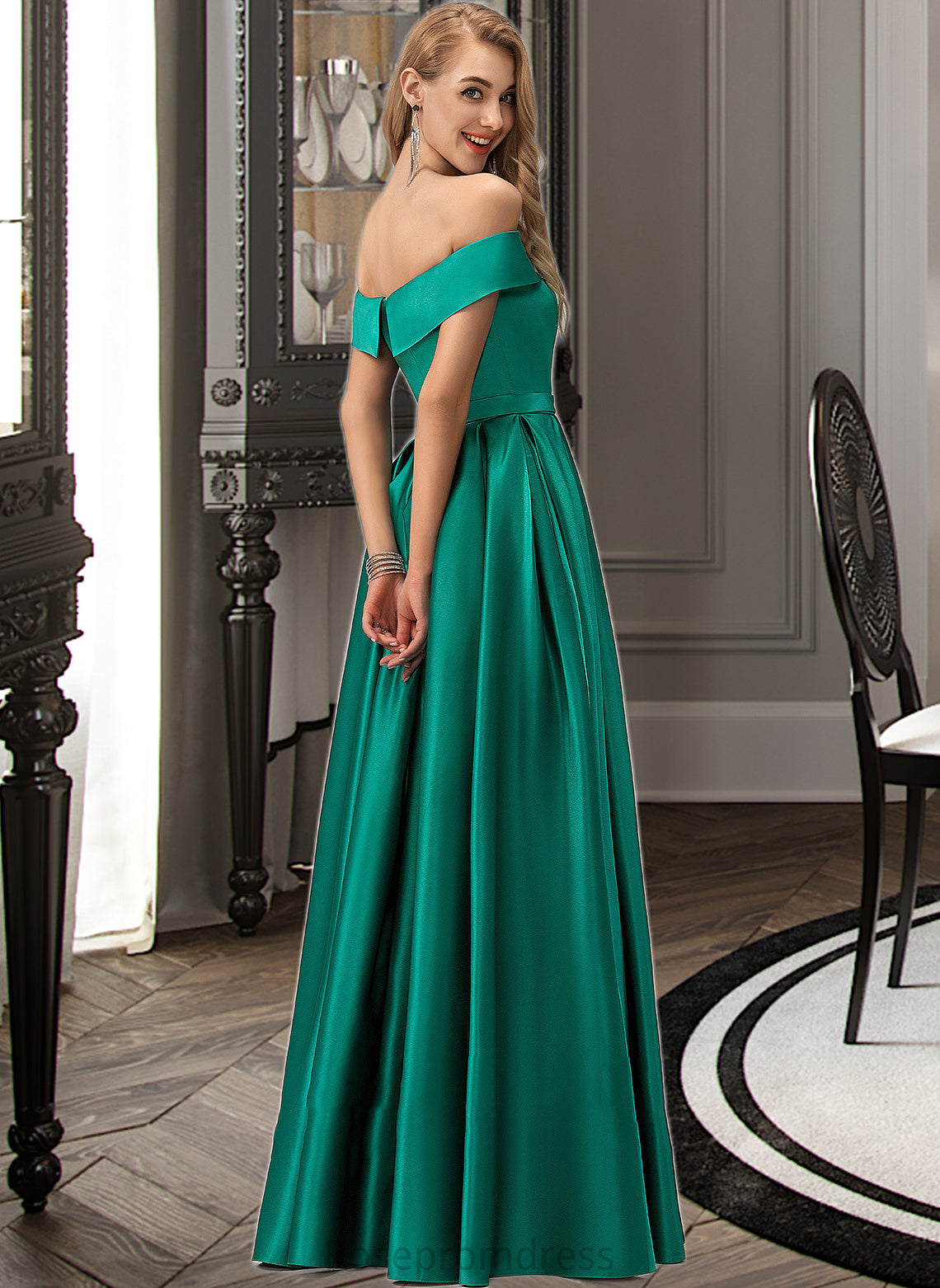 Xiomara Ball-Gown/Princess Off-the-Shoulder Floor-Length Satin Bridesmaid Dress With Split Front Pockets SRSP0012866