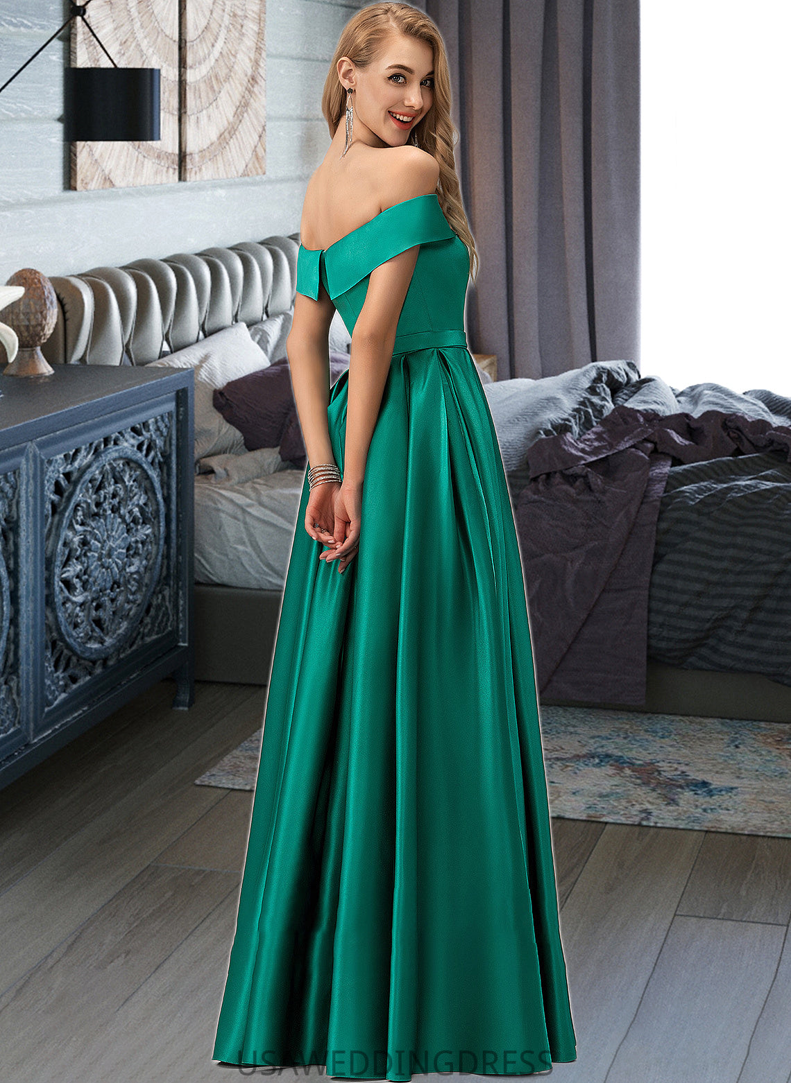 Emmalee Ball-Gown/Princess Off-the-Shoulder Floor-Length Satin Bridesmaid Dress With Split Front Pockets DSP0012866