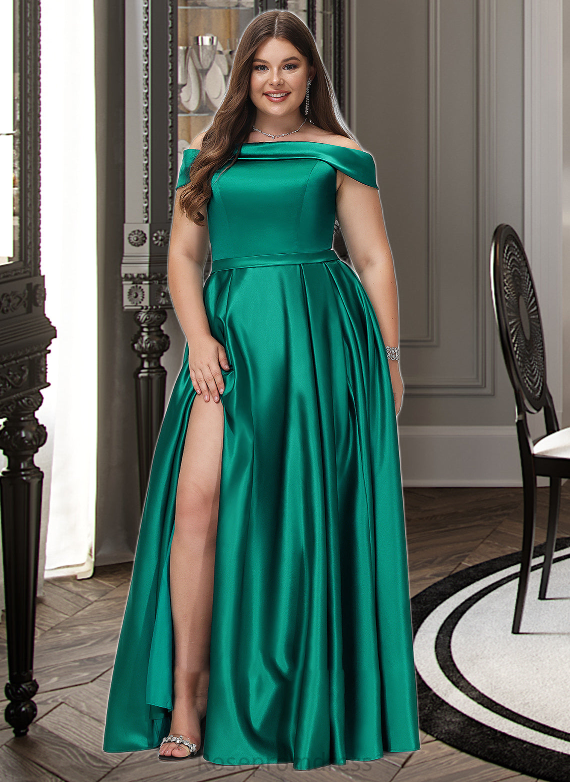 Xiomara Ball-Gown/Princess Off-the-Shoulder Floor-Length Satin Bridesmaid Dress With Split Front Pockets SRSP0012866