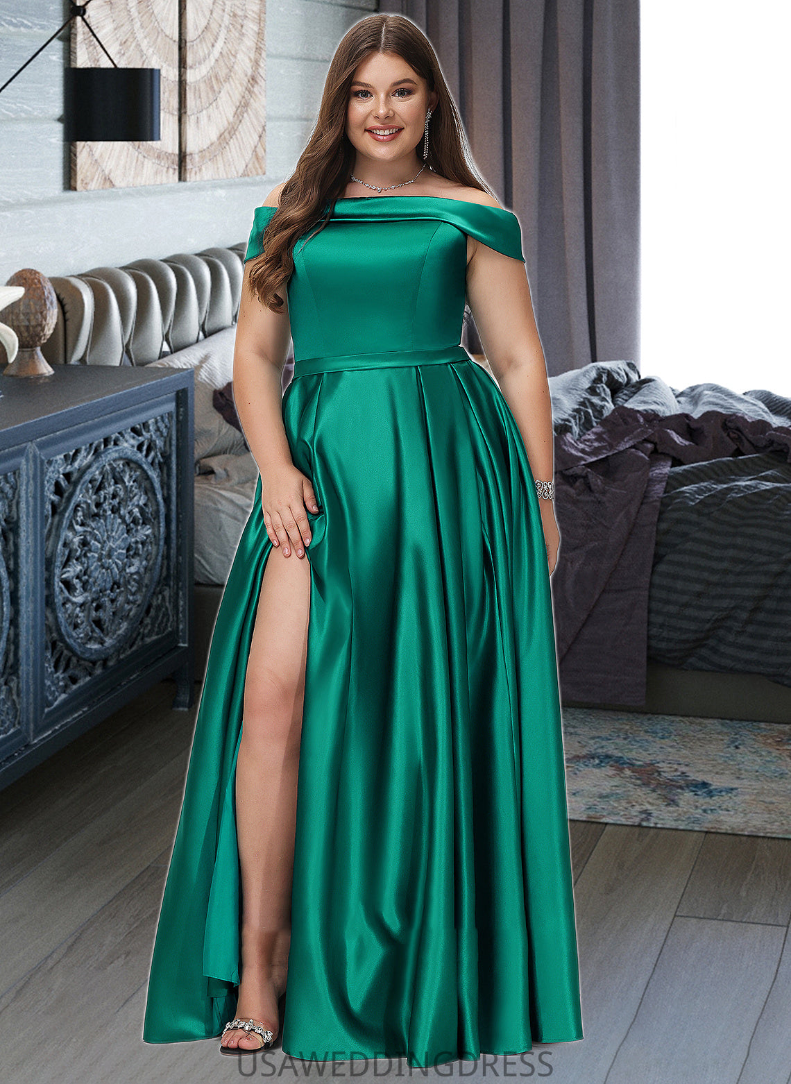 Emmalee Ball-Gown/Princess Off-the-Shoulder Floor-Length Satin Bridesmaid Dress With Split Front Pockets DSP0012866