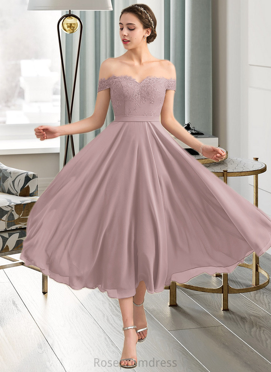 Bianca A-Line Off-the-Shoulder Tea-Length Chiffon Lace Bridesmaid Dress With Beading Sequins SRSP0012867