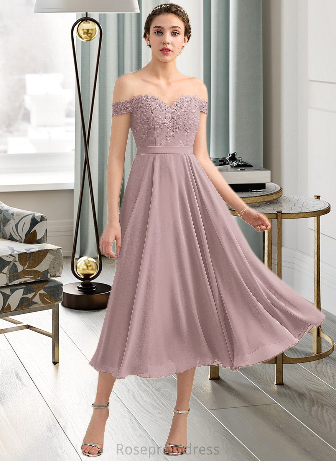 Bianca A-Line Off-the-Shoulder Tea-Length Chiffon Lace Bridesmaid Dress With Beading Sequins SRSP0012867