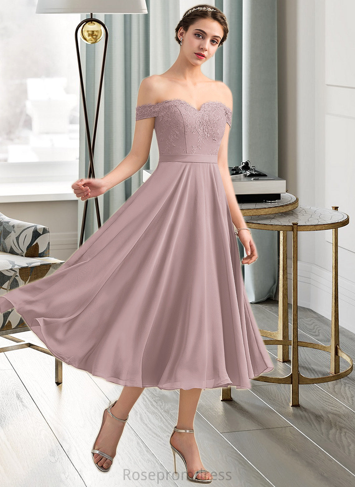 Bianca A-Line Off-the-Shoulder Tea-Length Chiffon Lace Bridesmaid Dress With Beading Sequins SRSP0012867