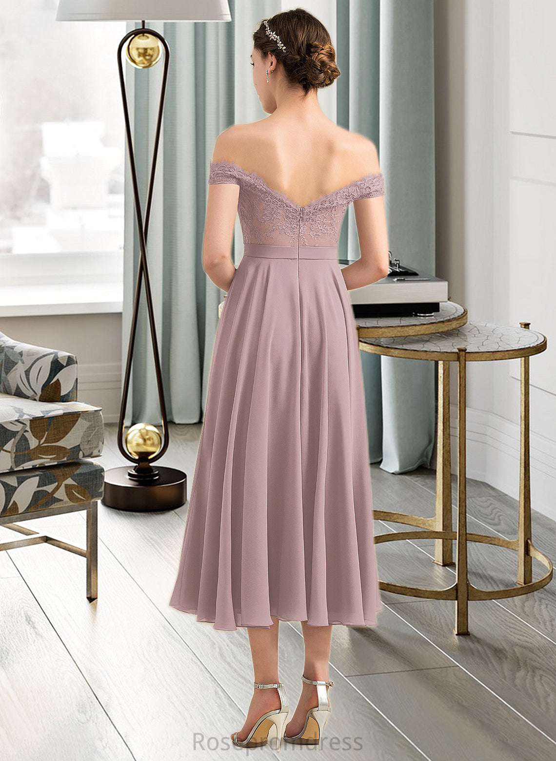 Bianca A-Line Off-the-Shoulder Tea-Length Chiffon Lace Bridesmaid Dress With Beading Sequins SRSP0012867