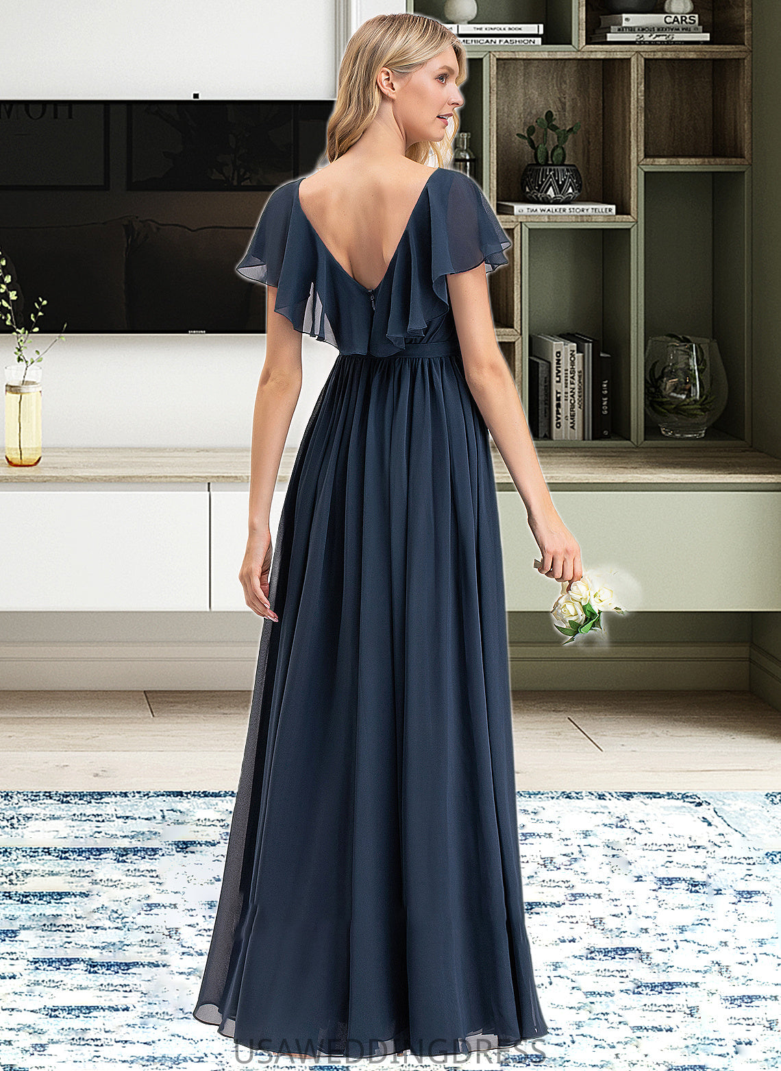 Prudence A-Line V-neck Floor-Length Chiffon Bridesmaid Dress With Bow(s) Split Front Cascading Ruffles DSP0012868