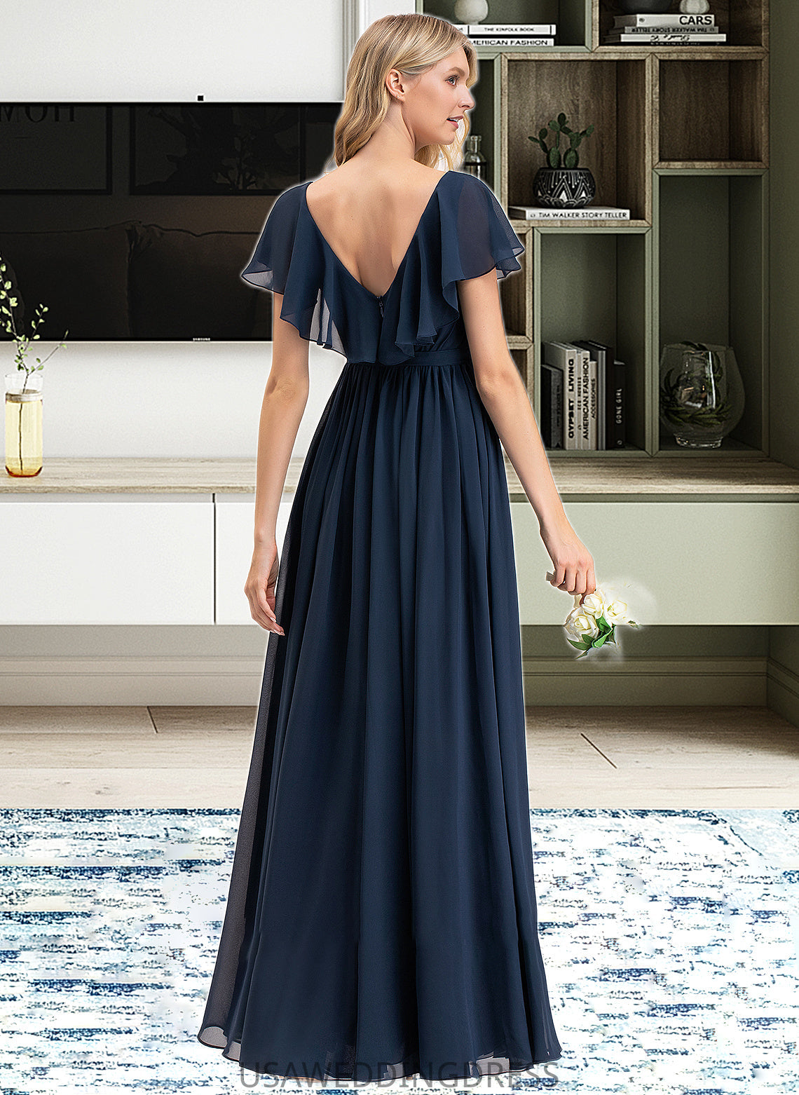 Prudence A-Line V-neck Floor-Length Chiffon Bridesmaid Dress With Bow(s) Split Front Cascading Ruffles DSP0012868