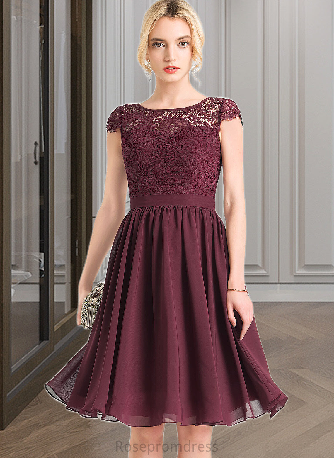 Lina A-Line Scoop Neck Knee-Length Chiffon Bridesmaid Dress SRSP0012869