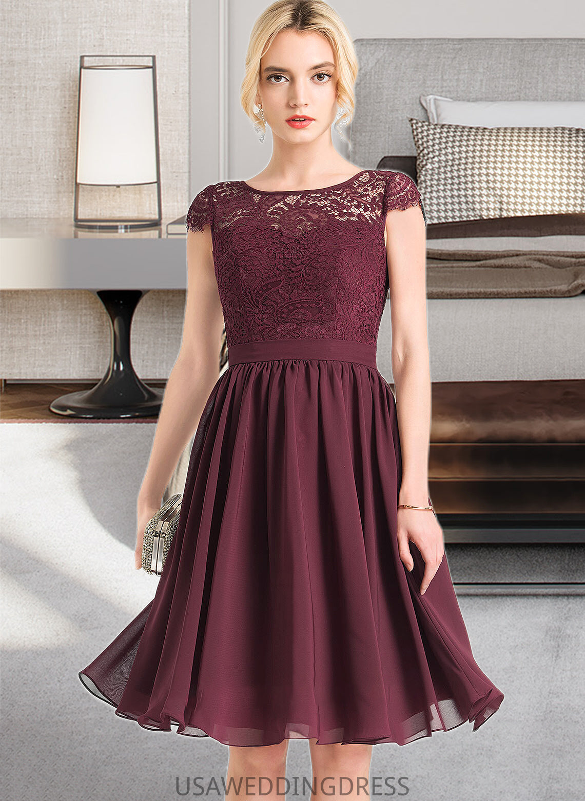 Pru A-Line Scoop Neck Knee-Length Chiffon Bridesmaid Dress DSP0012869