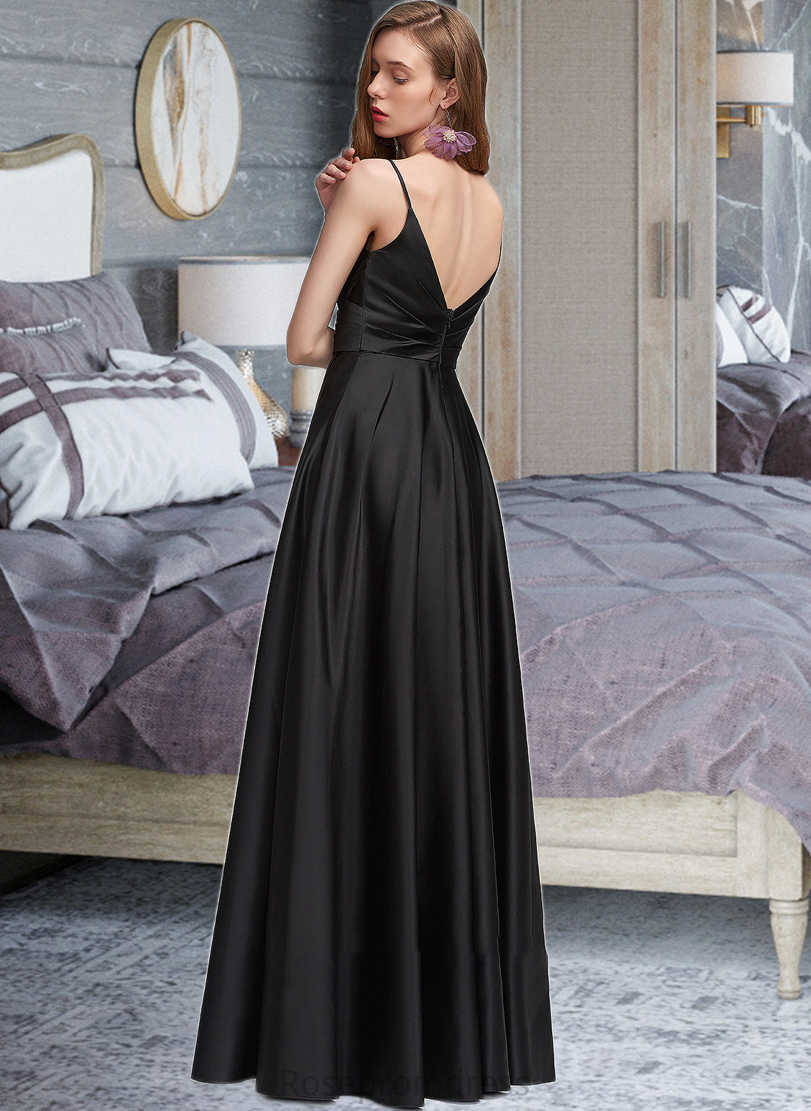 Jaiden A-Line V-neck Floor-Length Satin Bridesmaid Dress With Ruffle Split Front SRSP0012872