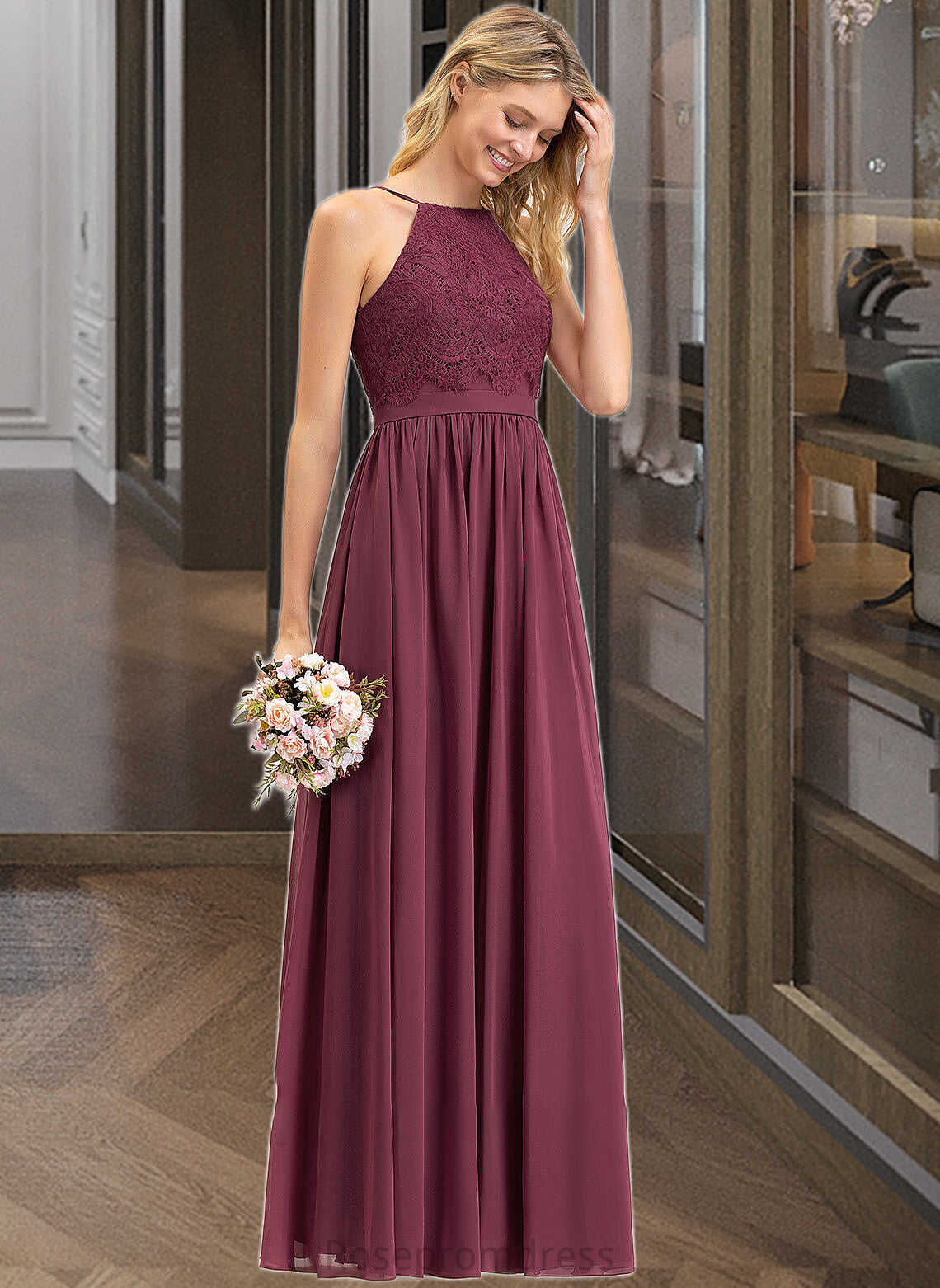 Viola A-Line Square Neckline Floor-Length Chiffon Lace Bridesmaid Dress SRSP0012873