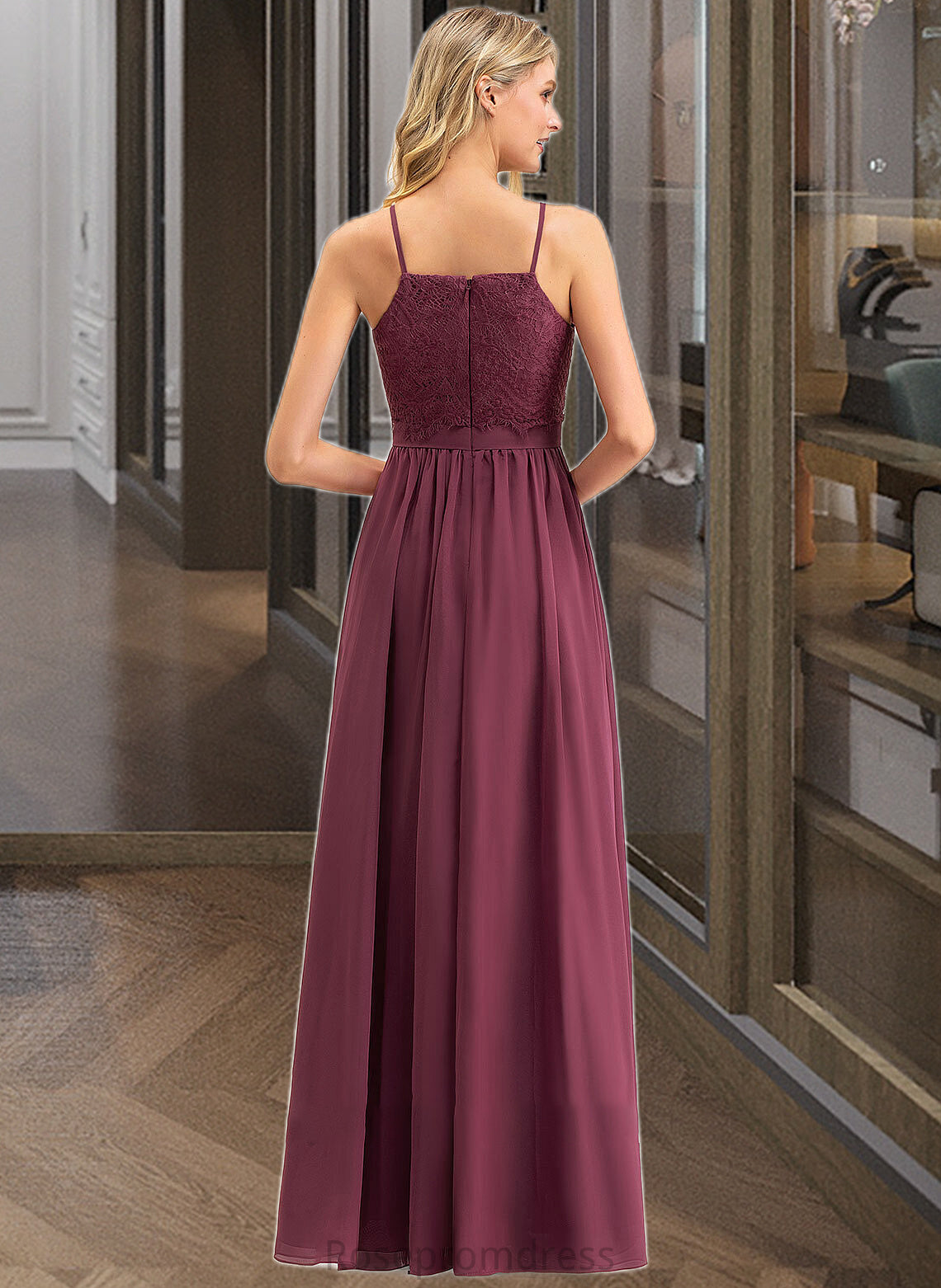Viola A-Line Square Neckline Floor-Length Chiffon Lace Bridesmaid Dress SRSP0012873