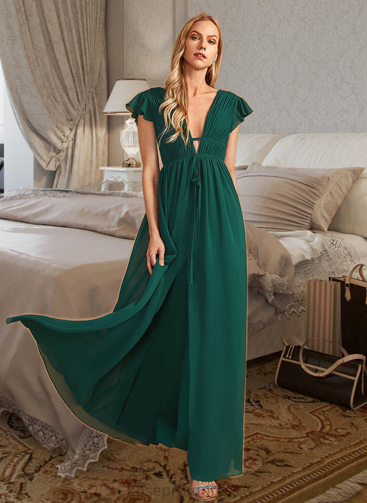 Savanah A-Line V-neck Floor-Length Bridesmaid Dress With Split Front SRSP0012874