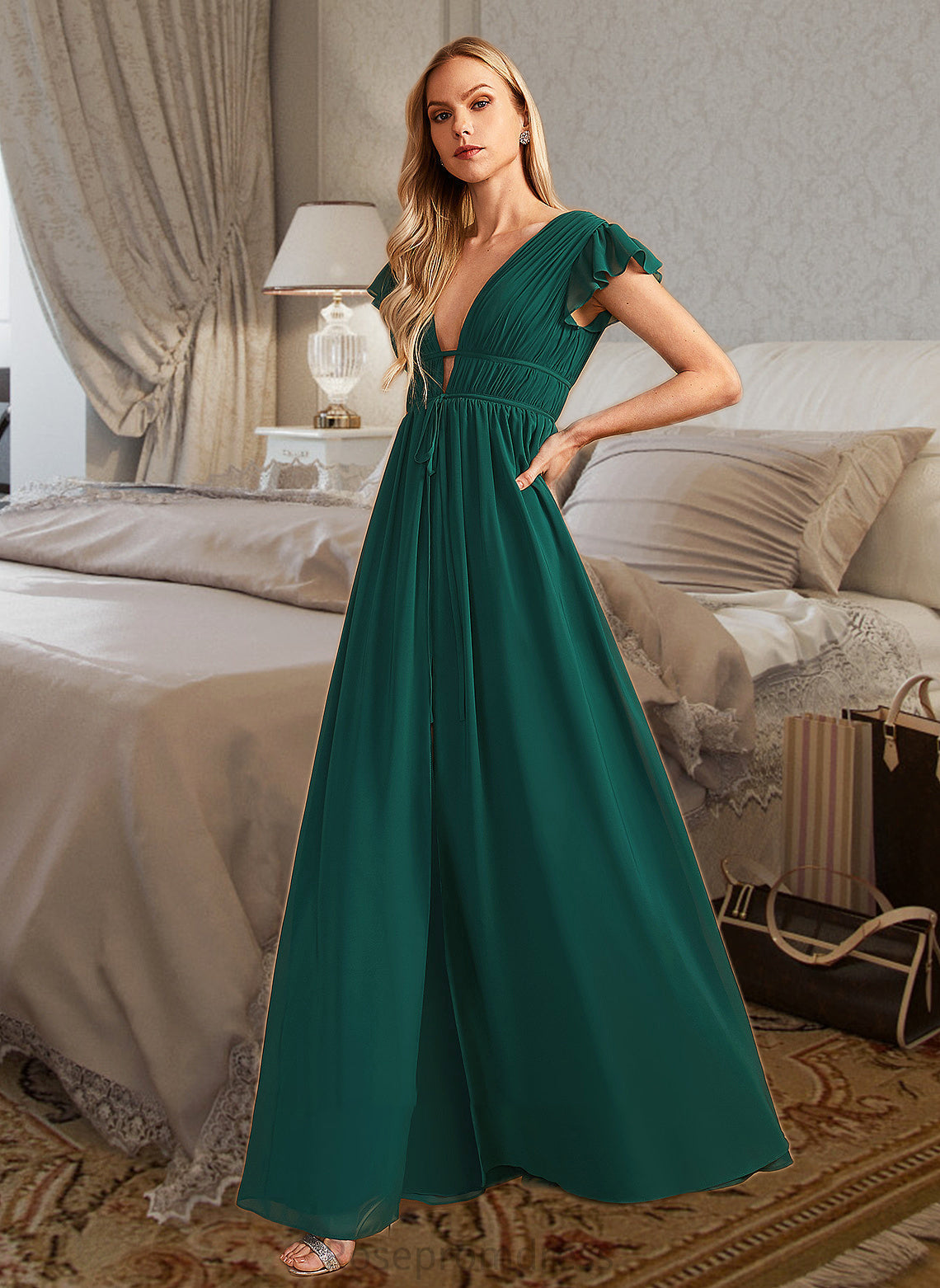 Savanah A-Line V-neck Floor-Length Bridesmaid Dress With Split Front SRSP0012874