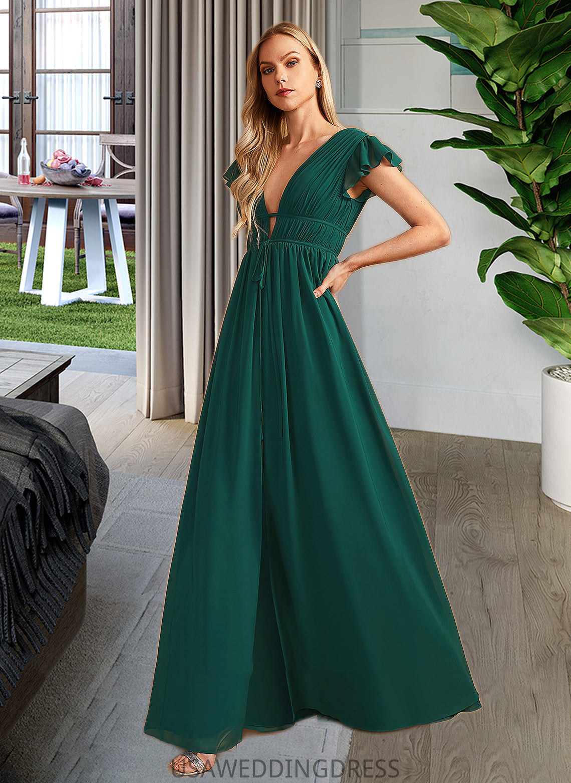 Mara A-Line V-neck Floor-Length Bridesmaid Dress With Split Front DSP0012874