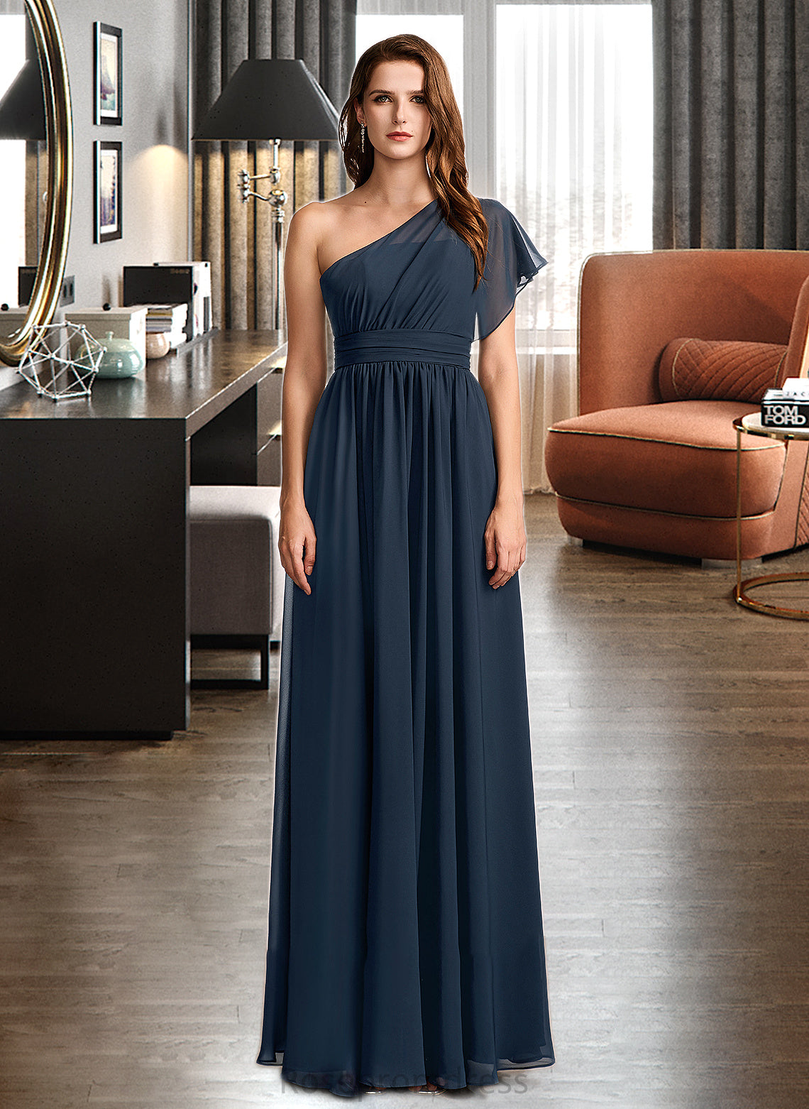 Joan A-Line One-Shoulder Floor-Length Bridesmaid Dress With Ruffle SRSP0012875