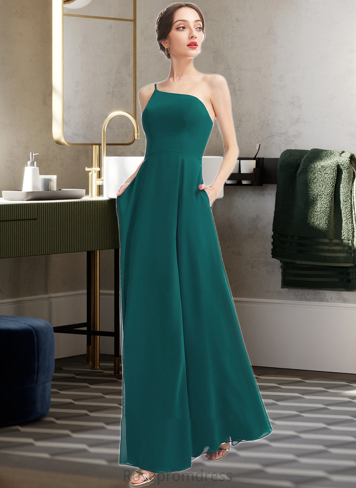 Lailah A-Line One-Shoulder Floor-Length Bridesmaid Dress With Split Front Pockets SRSP0012876