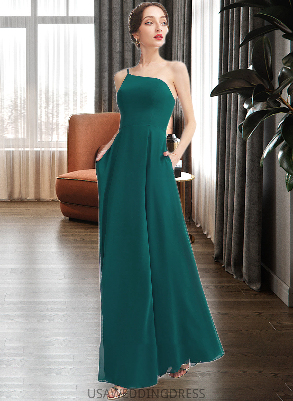 Hanna A-Line One-Shoulder Floor-Length Bridesmaid Dress With Split Front Pockets DSP0012876