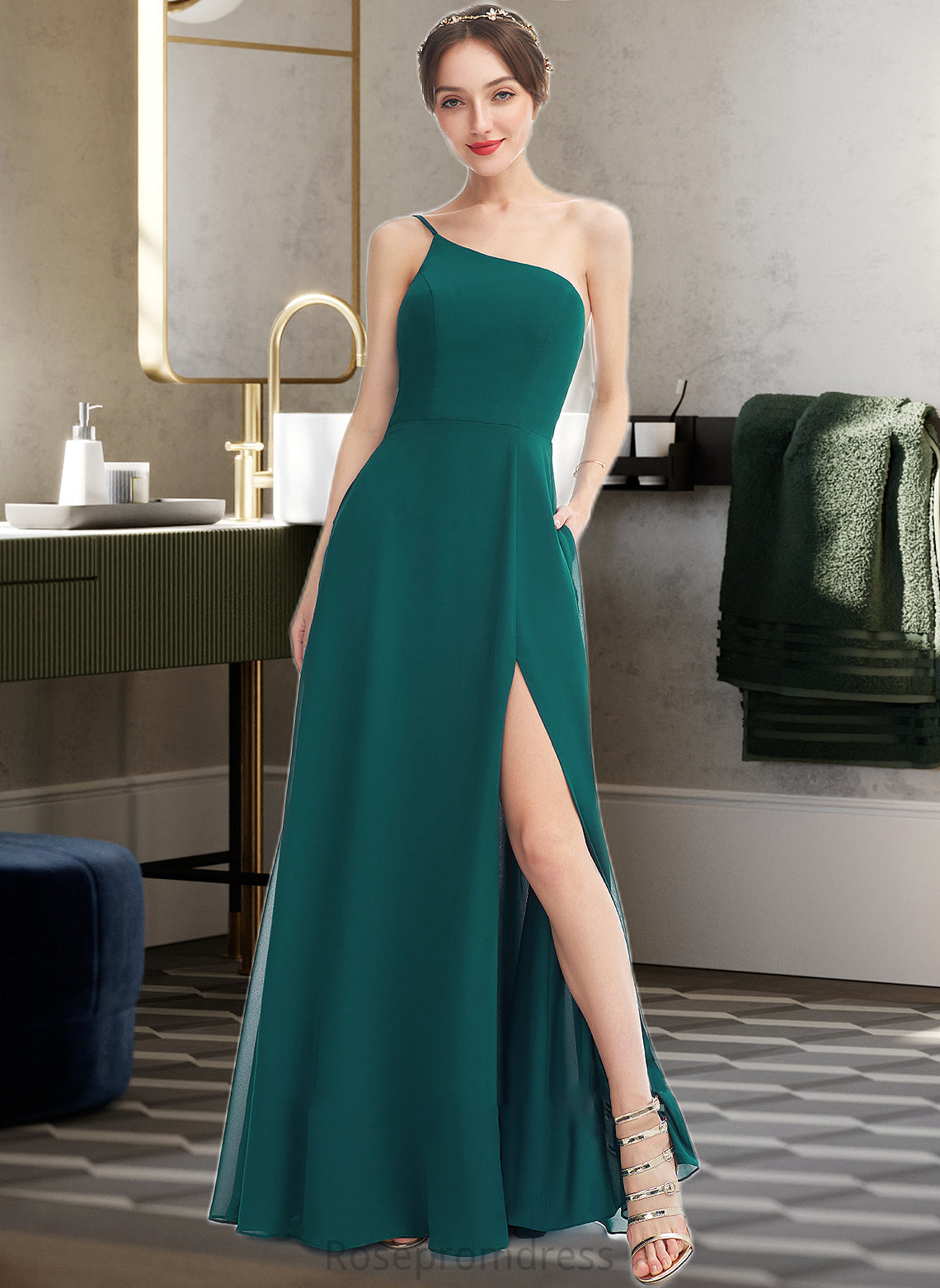 Lailah A-Line One-Shoulder Floor-Length Bridesmaid Dress With Split Front Pockets SRSP0012876