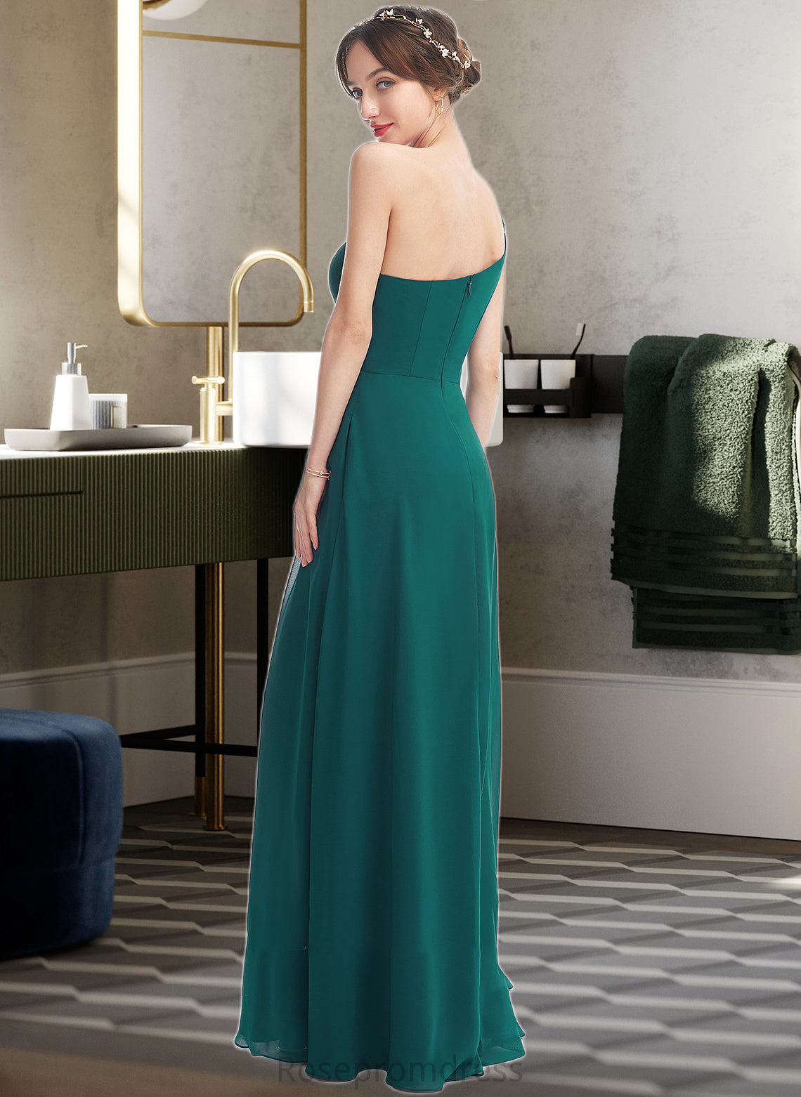 Lailah A-Line One-Shoulder Floor-Length Bridesmaid Dress With Split Front Pockets SRSP0012876