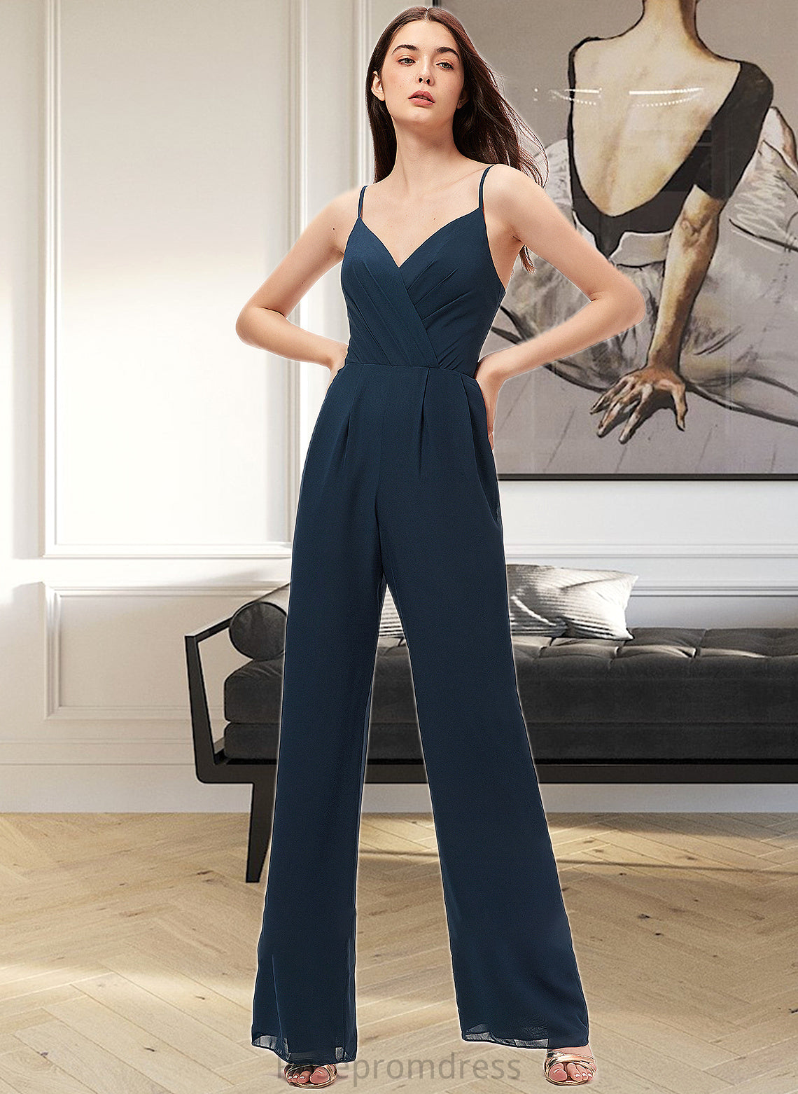 Alisa Jumpsuit/Pantsuit V-Neck Floor-Length Chiffon Bridesmaid Dress With Ruffle SRSP0012877