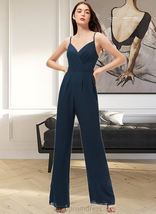 Alisa Jumpsuit/Pantsuit V-Neck Floor-Length Chiffon Bridesmaid Dress With Ruffle SRSP0012877