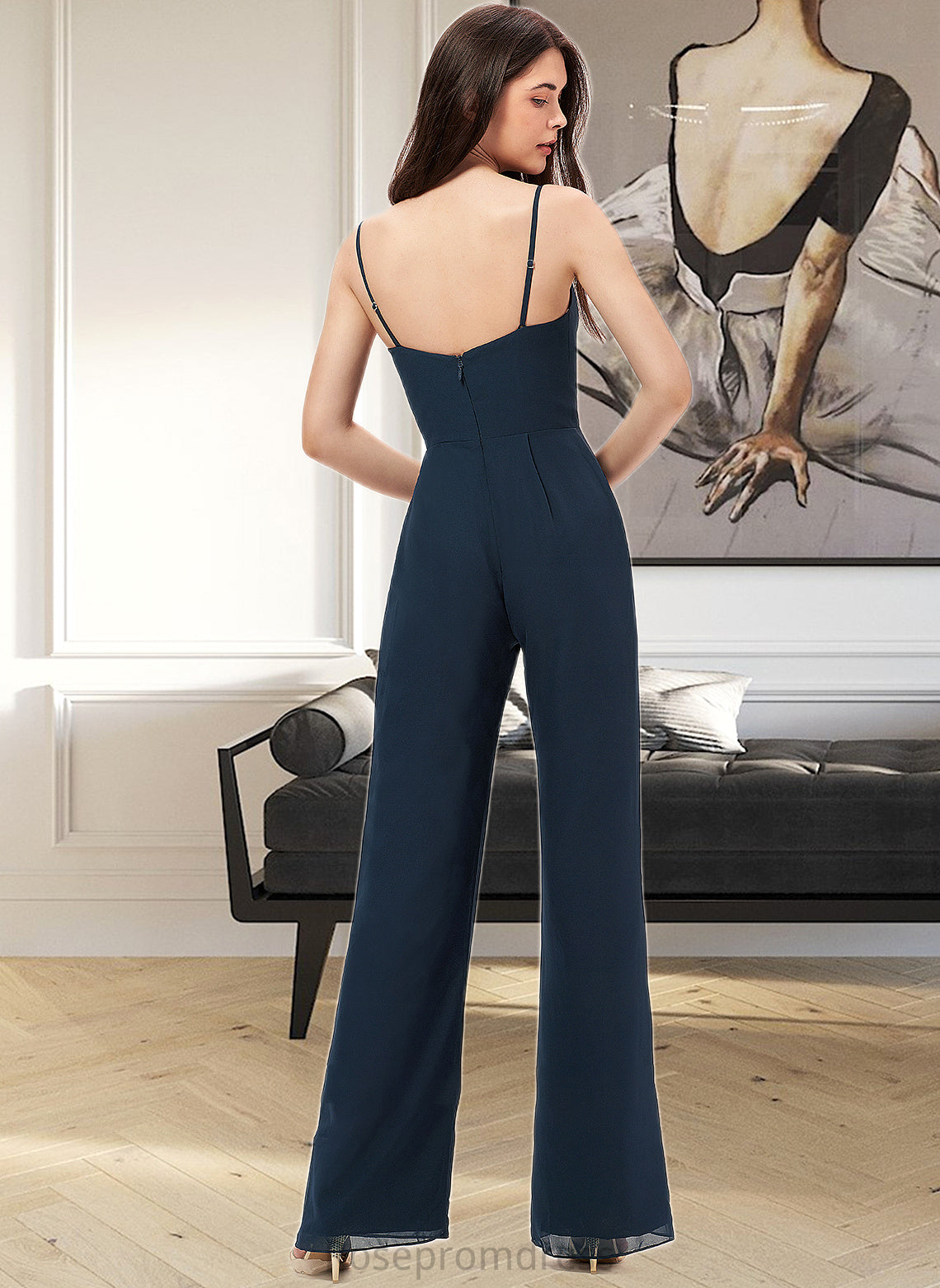 Alisa Jumpsuit/Pantsuit V-Neck Floor-Length Chiffon Bridesmaid Dress With Ruffle SRSP0012877