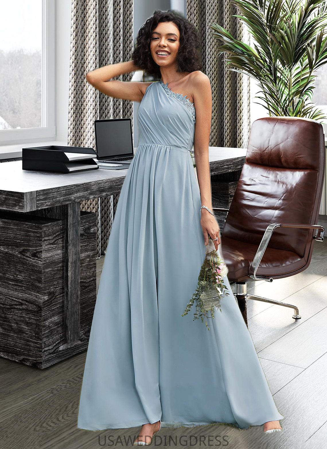 Jaylin A-Line One-Shoulder Floor-Length Bridesmaid Dress With Lace Sequins DSP0012878