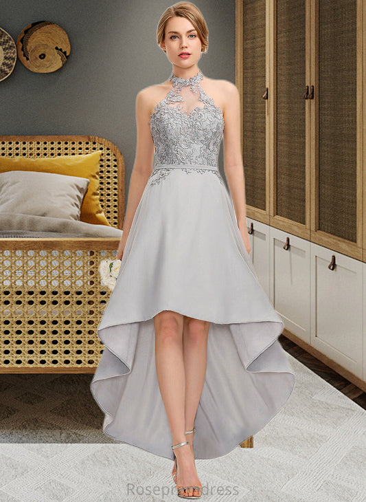 Joselyn A-line Halter Asymmetrical Chiffon Lace Bridesmaid Dress SRSP0012881