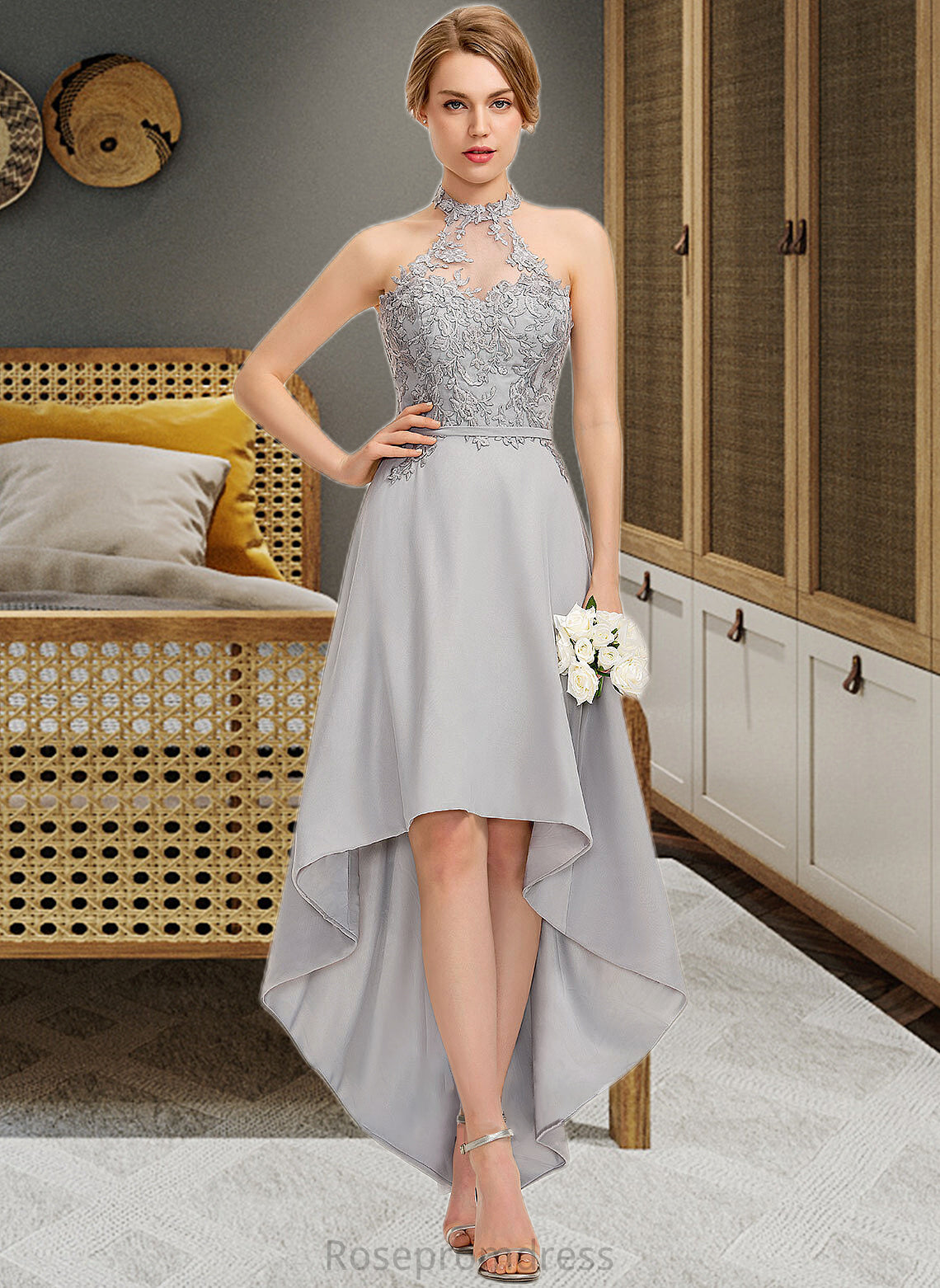 Joselyn A-line Halter Asymmetrical Chiffon Lace Bridesmaid Dress SRSP0012881