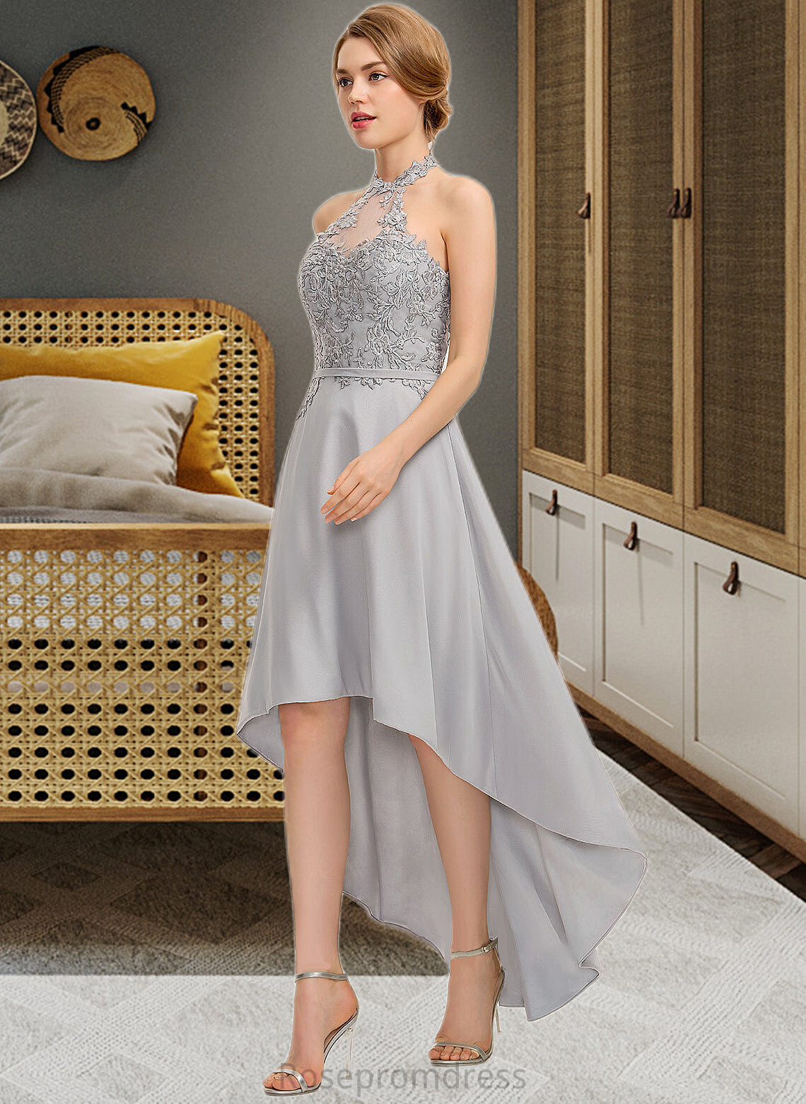 Joselyn A-line Halter Asymmetrical Chiffon Lace Bridesmaid Dress SRSP0012881