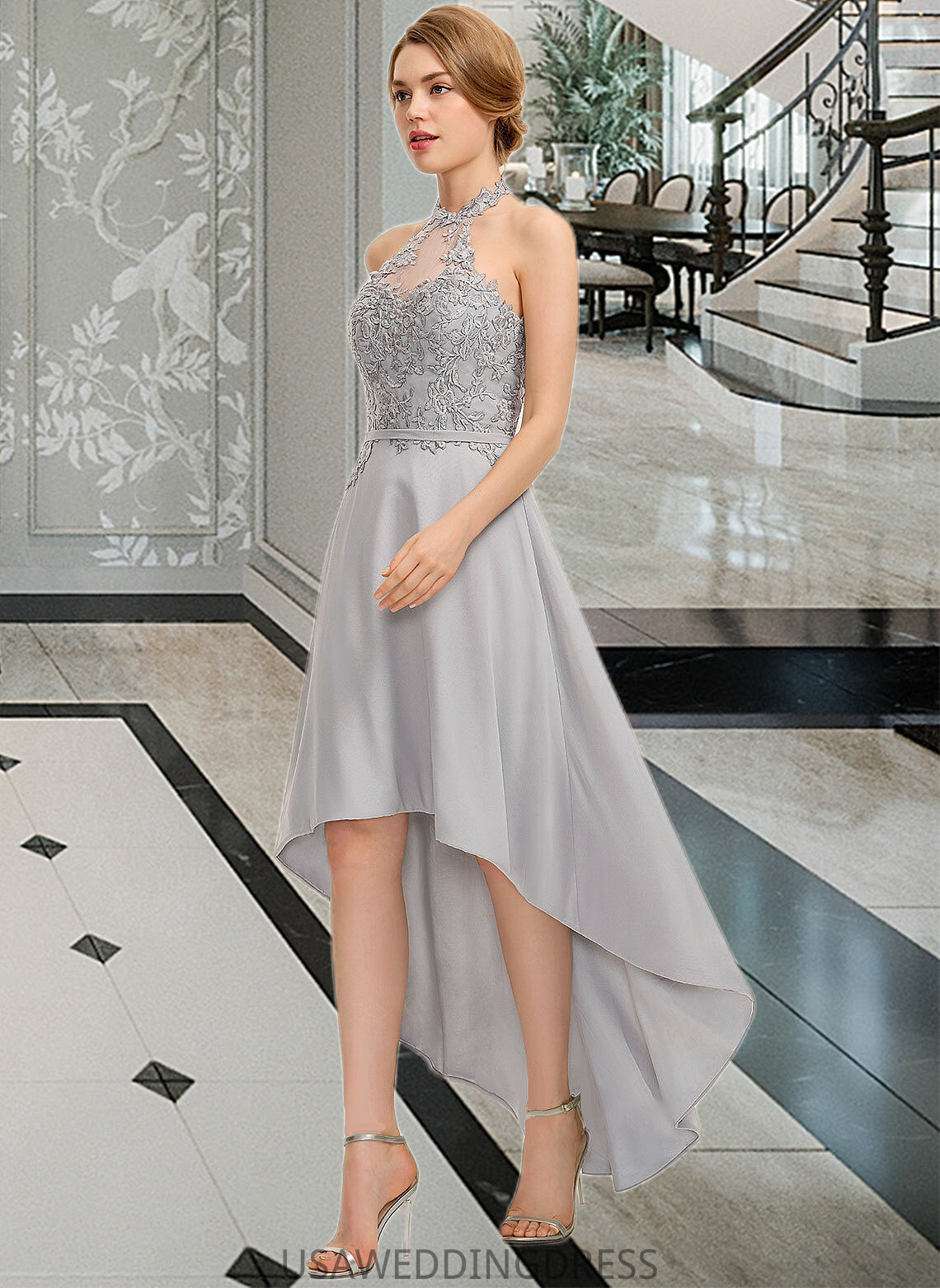 Makayla A-line Halter Asymmetrical Chiffon Lace Bridesmaid Dress DSP0012881