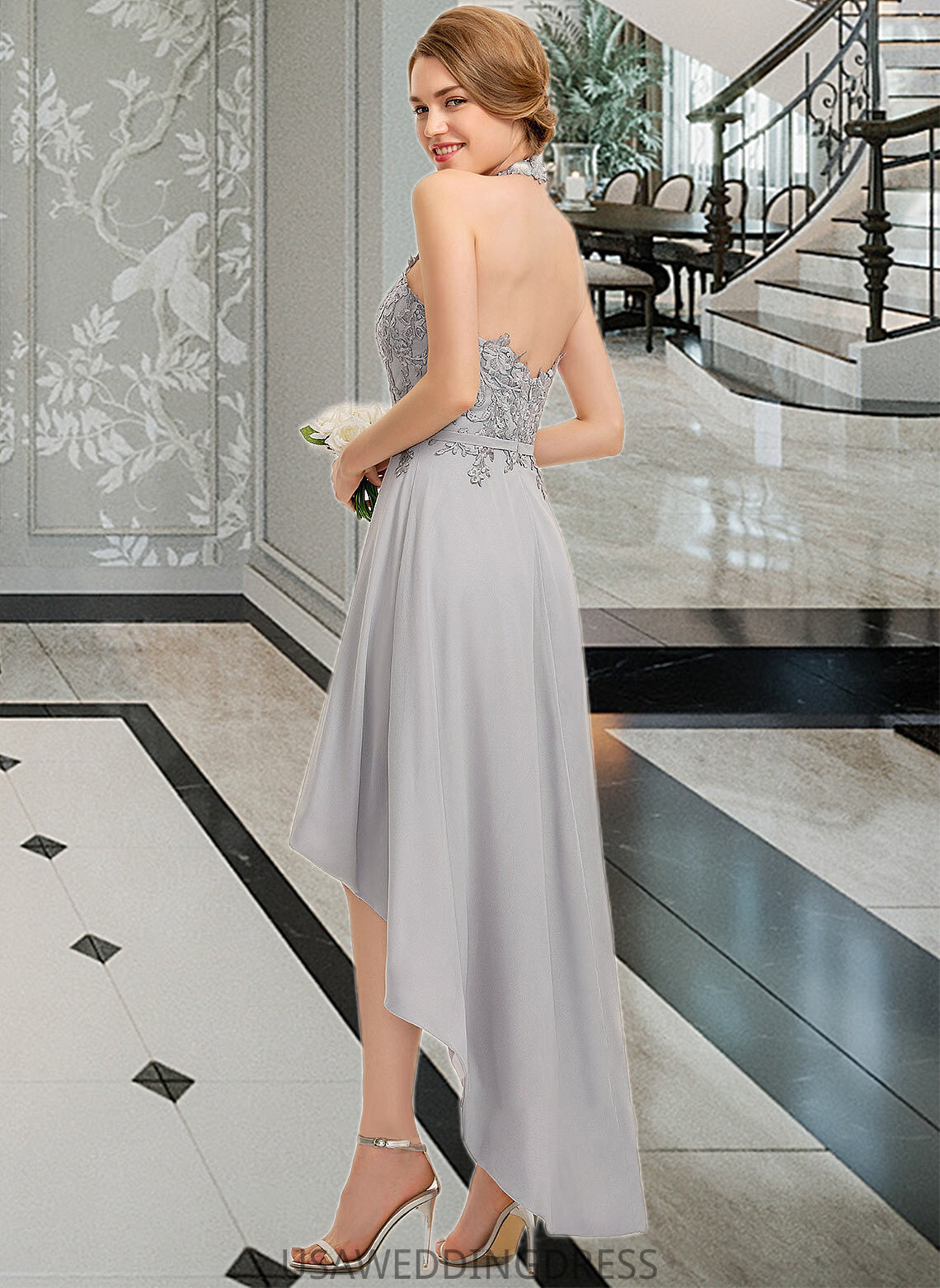 Makayla A-line Halter Asymmetrical Chiffon Lace Bridesmaid Dress DSP0012881