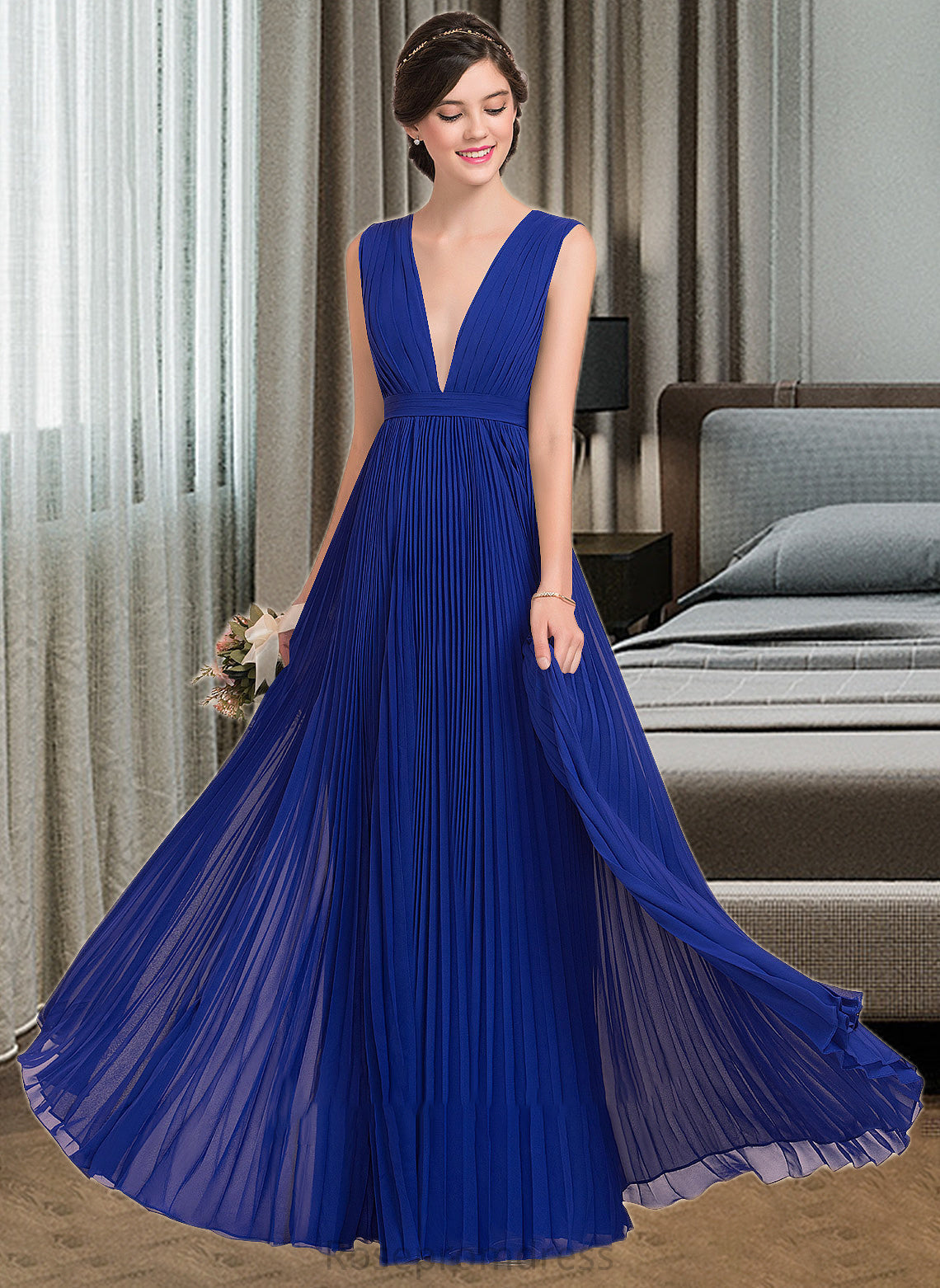 Dulce A-Line V-neck Floor-Length Chiffon Bridesmaid Dress With Bow(s) Pleated SRSP0012882