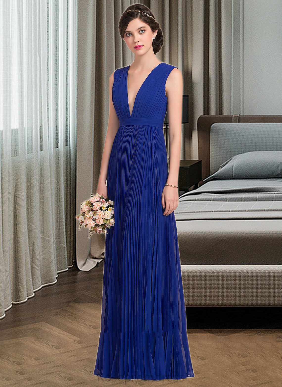 Dulce A-Line V-neck Floor-Length Chiffon Bridesmaid Dress With Bow(s) Pleated SRSP0012882